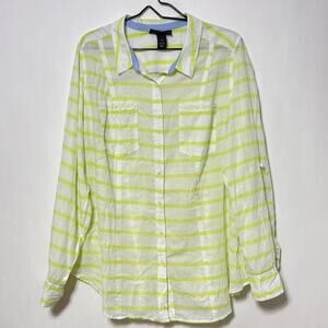Lane Bryant Button Down Blouse Womens 26 White Yellow Stripe Lightweight Shirt